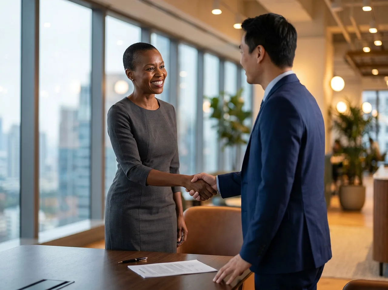 business, handshake, partnership, contract, collaboration, professionals, diverse, office, modern, success, meeting, deal, teamwork, leadership, cityscape, joyful, woman, man, formal