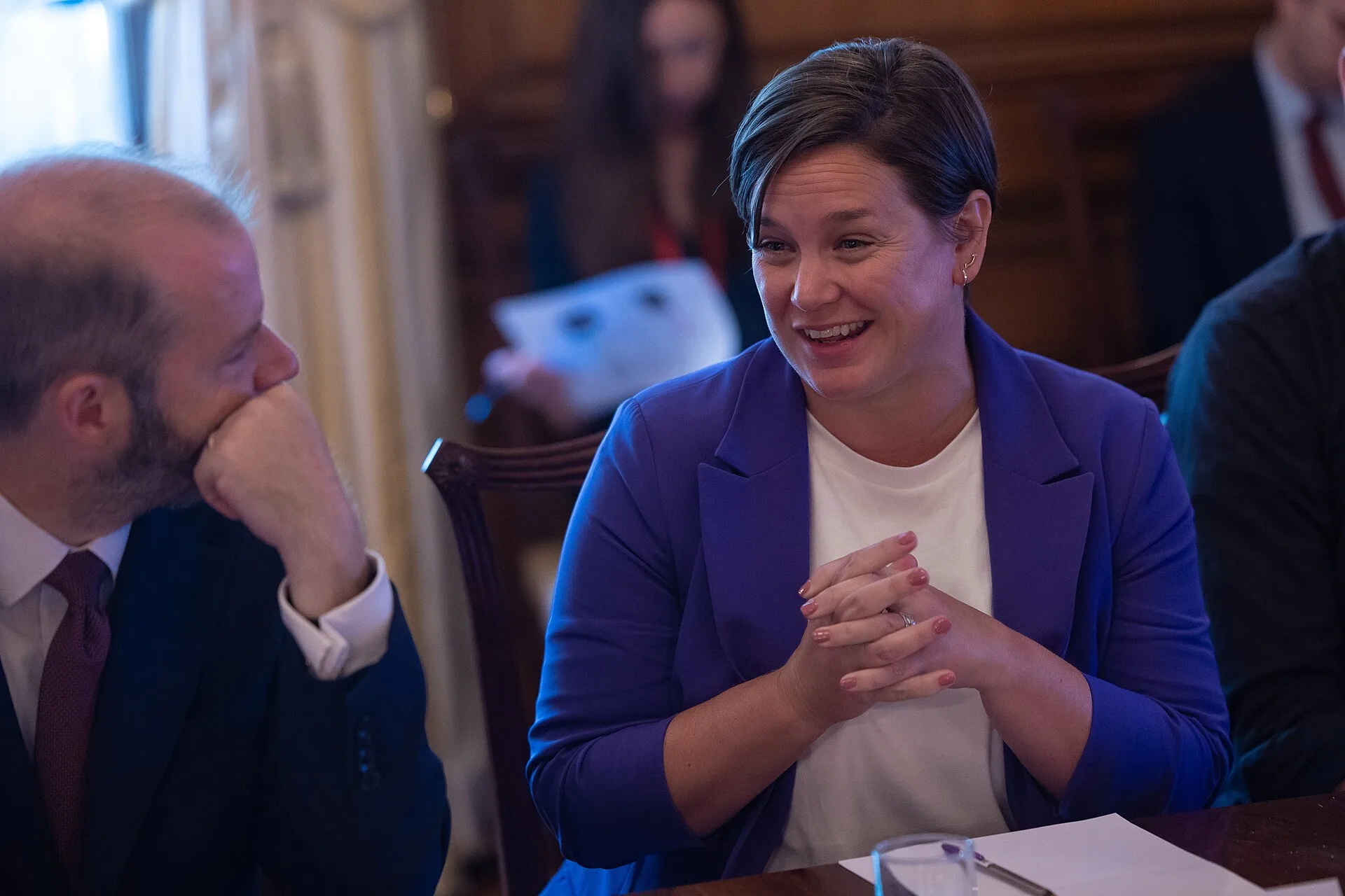 The Deputy Prime Minister Angela Rayner, together with Secretary of State for Business and Trade Jonathan Reynolds, hold a Make Work Pay Business Breakfast meeting with business leaders in 10 Downing Street and Roxanne Goodman from Female Founder Finance addresses the meeting