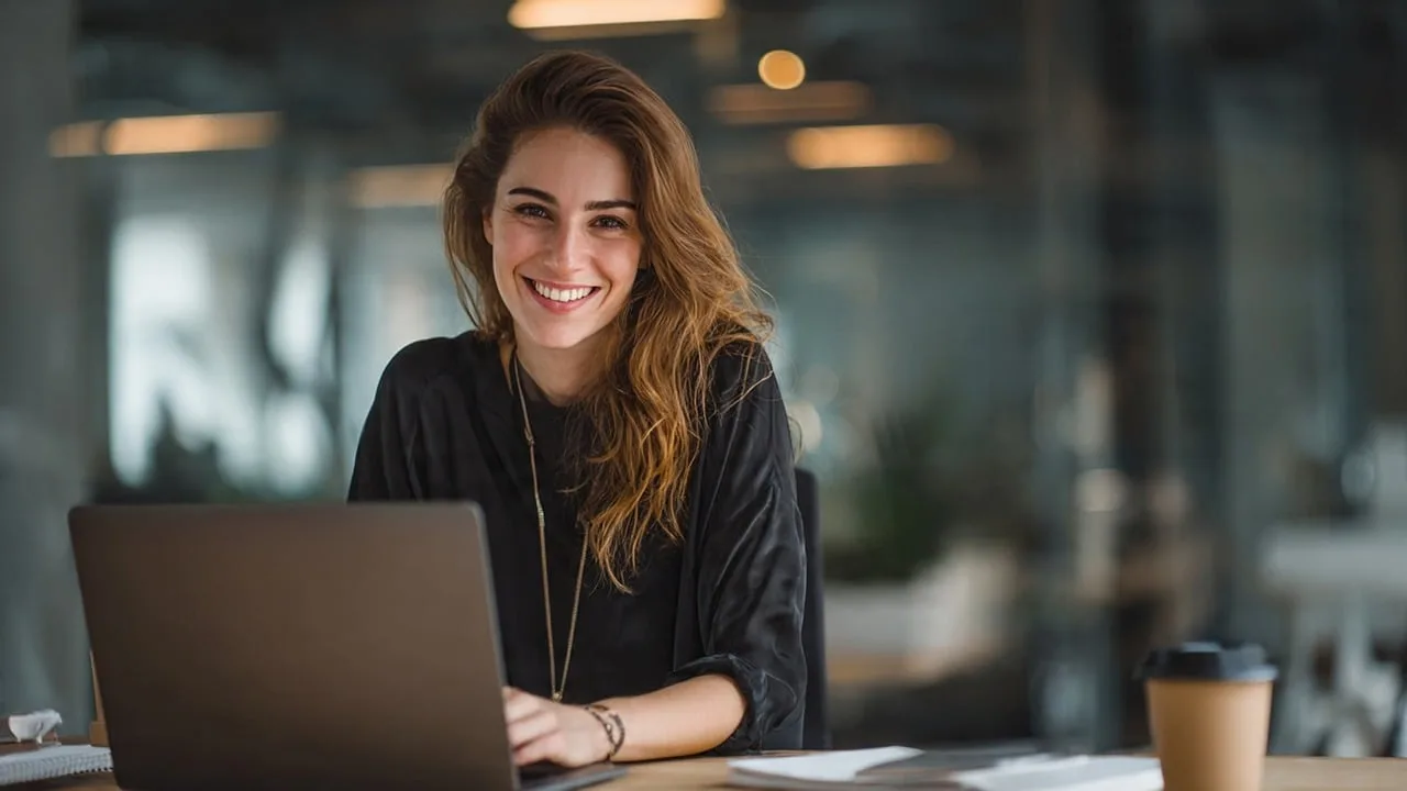 office, worker, computer, laptop, coffee, portrait, business, smiling woman, work environment, professional, employment, satisfaction, motivation, success, desk, collaboration, modern technology, mobile office, daylight, remote work